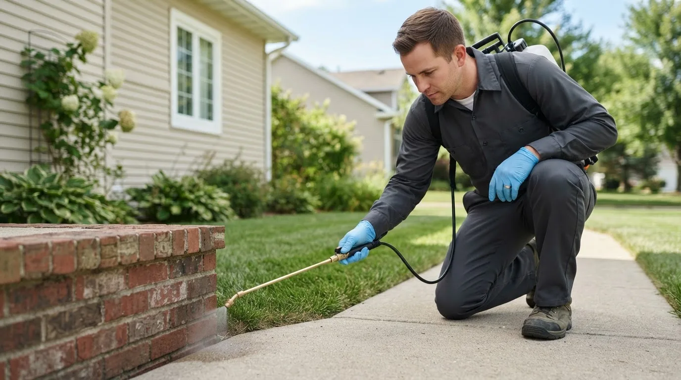 Pest control technician treating a home near Dundee, OR